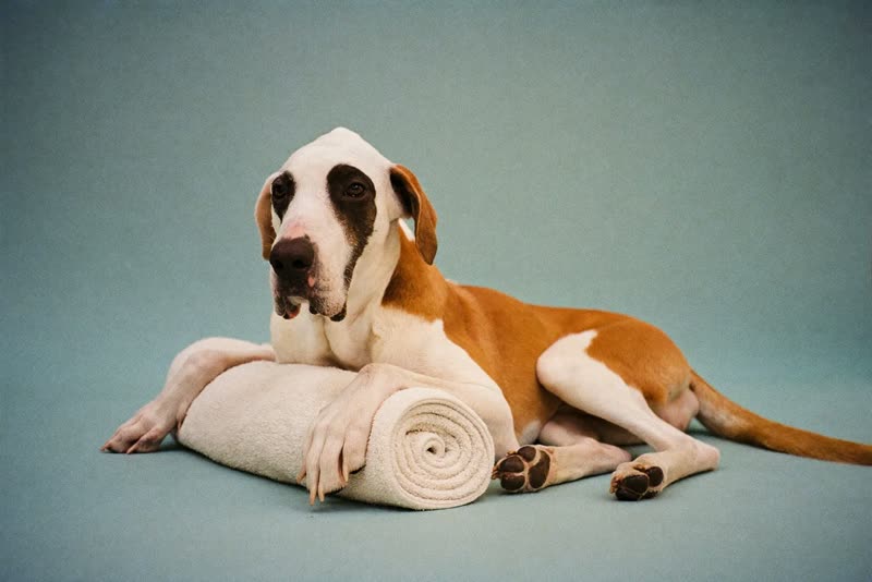 A calm dog resting on a towel between grooming stages