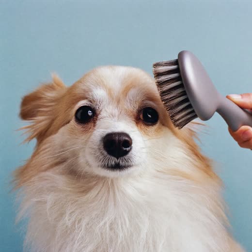 A small dog being brushed out after drying
