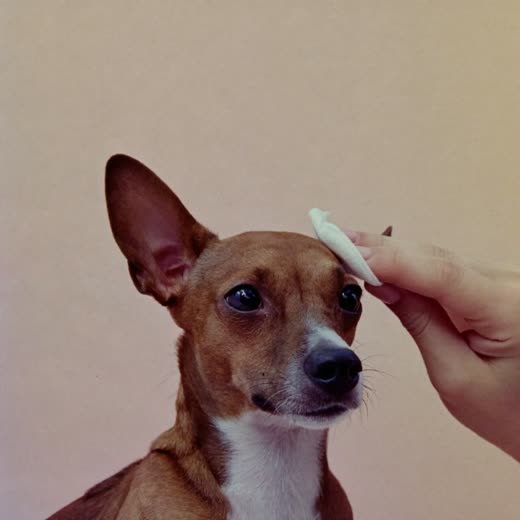 A small dog having its ears cleaned